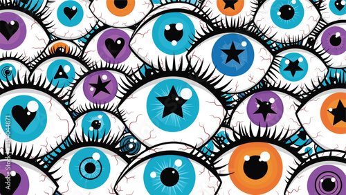 Seamless pattern of colorful cartoon eyes with various expressions and pupils like hearts and stars, creating a psychedelic pop art background.