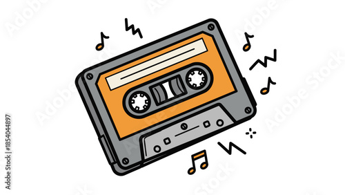 Retro audio cassette tape drawn in a cartoon doodle style with musical notes floating around, evoking 80s and 90s music nostalgia.