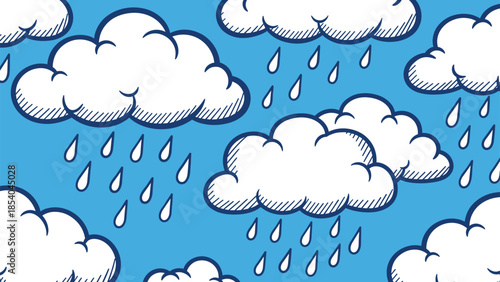 Seamless pattern of hand-drawn cartoon clouds and raindrops against a bright blue sky, creating a cute and classic weather illustration.