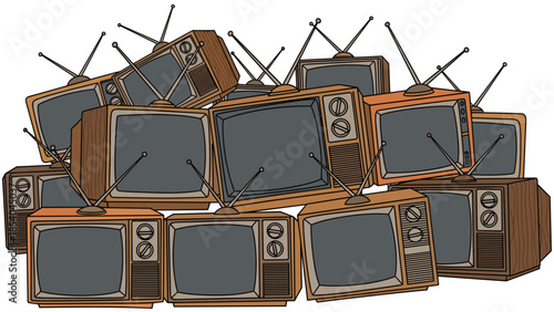 Large pile of stacked retro television sets with antennas, hand-drawn in a vintage style to represent old media and technology.