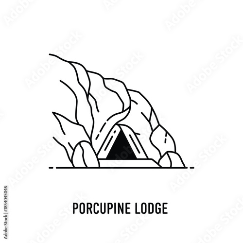 Porcupine Lodge Minimalist Line Art Illustration of a Rock Shelter