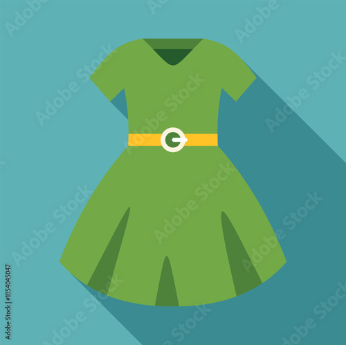 Green women's dress with a yellow belt and white buckle on blue background