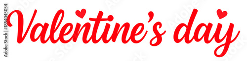 Valentine’s Day handwritten script lettering in red with small heart accents isolated on white background perfect for greeting cards posters banners invitations and romantic love themed designs
