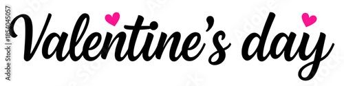 Valentine’s Day handwritten script lettering in black with small heart accents isolated on white background perfect for greeting cards posters banners invitations and romantic love themed designs
