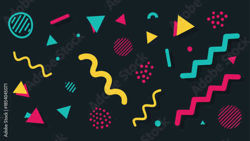 Colorful abstract background with various 80s and 90s inspired geometric shapes, dots, and lines in a playful Memphis design style.
