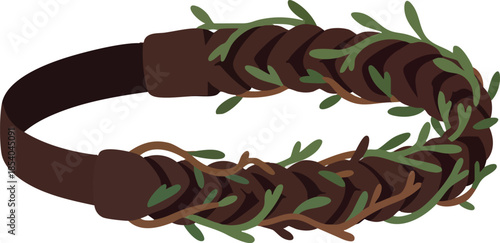 Brown headband with woven branches and leaves on a white background
