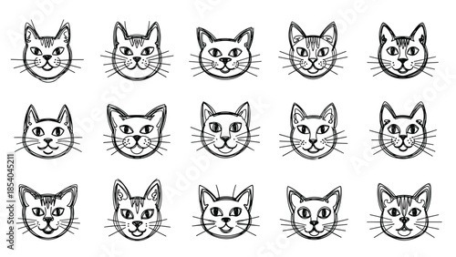 Set of fifteen cute cat faces hand-drawn in a simple, sketchy doodle style, showing various feline expressions and markings.