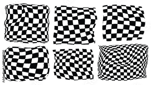 Set of six distorted and warped checkerboard patterns with a grunge texture, creating a surreal and trippy optical illusion effect.