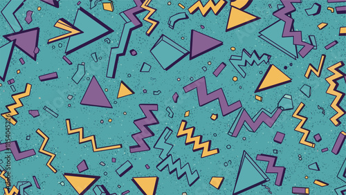 Seamless 90s retro pattern with colorful geometric shapes like triangles and zigzags on a textured teal background in Memphis style.