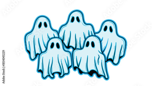 Group of five friendly cartoon ghosts with a blue shadow effect, creating a cute and spooky design perfect for Halloween celebrations.