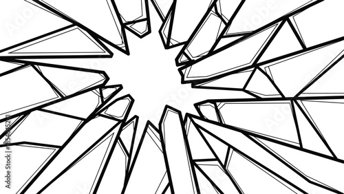 Black and white illustration of shattered glass with sharp fragments radiating from a central point, creating an effect of impact.