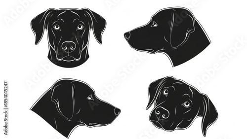 Black Dog Head Silhouette Vector Showing Front Side Left Side Right and Tilted Views