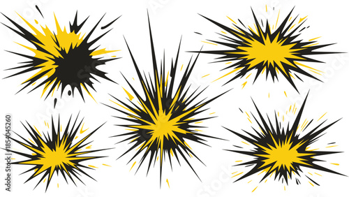 Set of black and yellow comic book style explosions and splashes, creating dynamic and high-impact effects for action scenes.