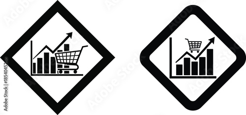 Two black and white diamond shaped icons with bar graphs and arrows