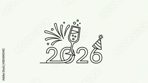 New year's eve celebration 2026 with champagne glass and party hat in minimalist line art style