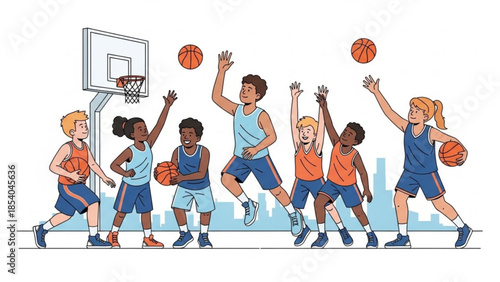 Group of diverse young basketball players in action on outdoor court with city skyline background