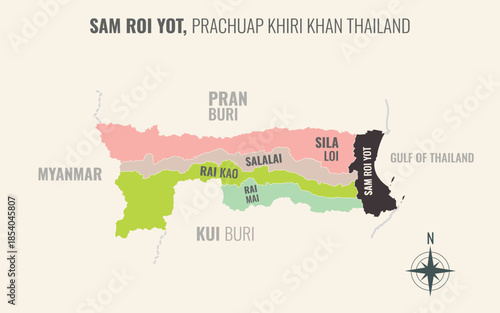 Map showing Sam Roi Yot District Prachuap Khiri Khan Thailand divided into sub districts with minimalist colorful patterns