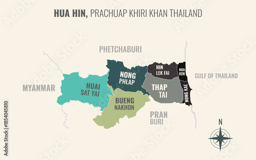 Map showing Hua Hin District Prachuap Khiri Khan Thailand divided into sub districts with minimalist colorful patterns