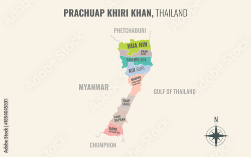 A map showing Prachuap Khiri Khan Thailand divided into districts in a minimalist colorful style