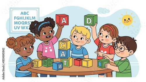 Group of diverse children playing with colorful alphabet blocks together around a table in a cheerful cartoon illustration