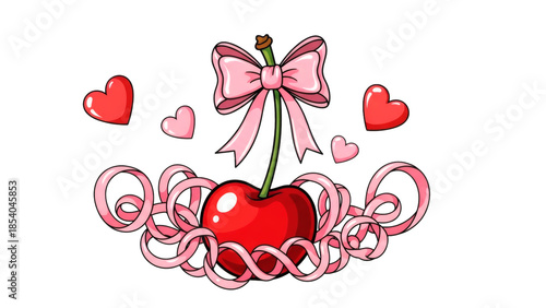 Cherry adorned with pink bow and hearts on transparent background