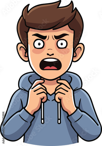 Cartoon male avatar angry panic expression, scared furious character reaction, hoodie boy emotions, modern flat vector illustration isolated design