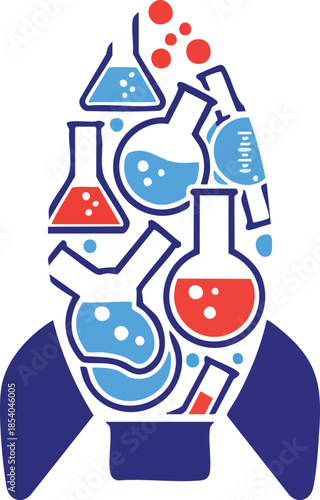 Rocket symbol composed of science beakers and liquids illustration