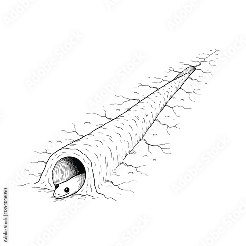 Monochrome snake illustration emerging from underground burrow pathway