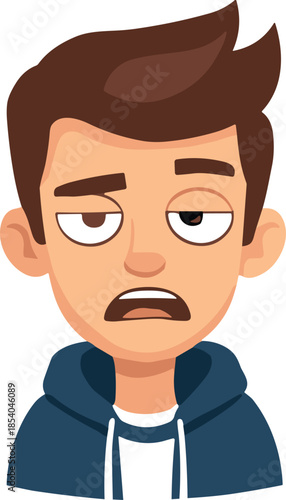 Cartoon male avatar bored tired yawning expression, lazy exhausted character face, hoodie boy portrait, modern flat vector illustration isolated