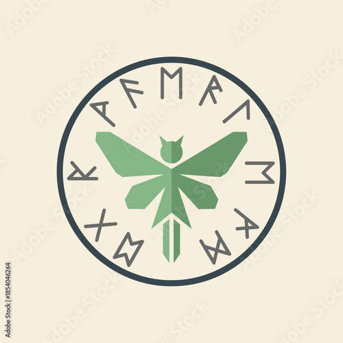 Green moth symbol with runes in a circle.