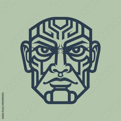 Stylized human face with geometric patterns and dark blue lines.