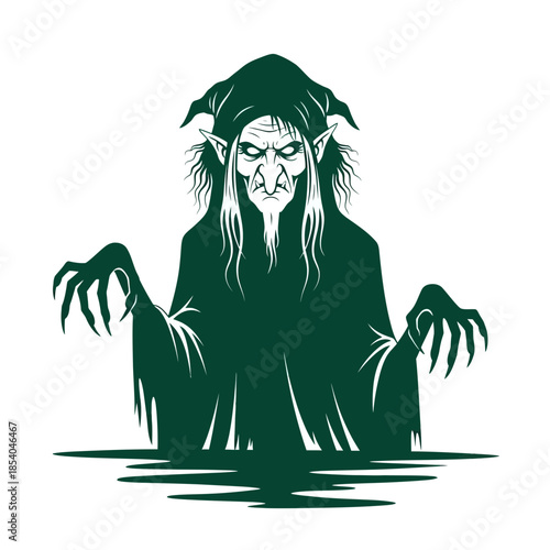 Scary witch with long claws emerging from dark water.