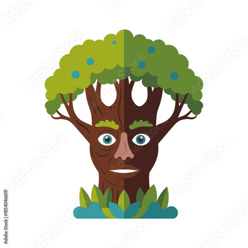 Anthropomorphic tree with a human face and green foliage.
