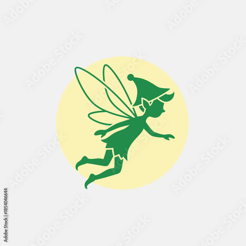 Green silhouette of a fairy with wings and a pointed hat flying.