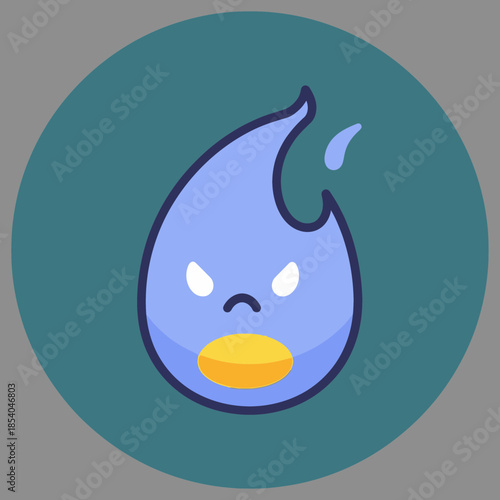 Cartoonish blue flame character with angry expression and yellow mouth.