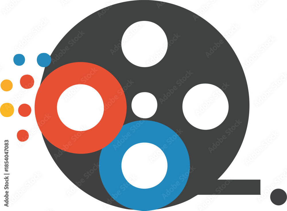 Fototapeta premium Film reel graphic with red and blue circles on white backdrop