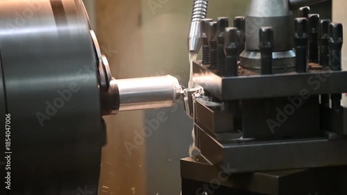 Slow motion scene the lathe machine finish cut metal shaft parts with liquid coolant method.