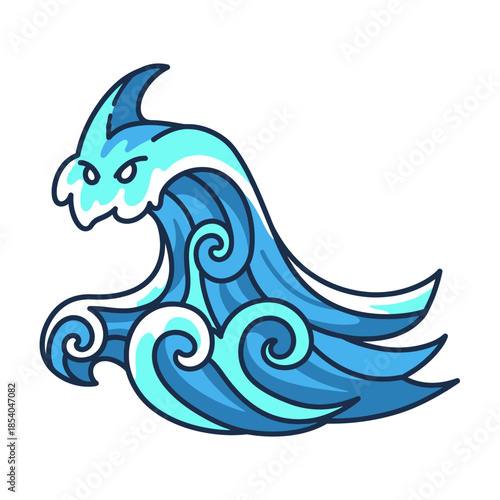 Stylized blue wave with a creature-like face and swirling patterns.