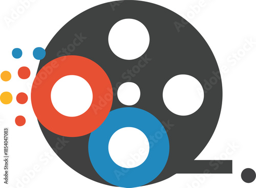 Film reel graphic with red and blue circles on white backdrop