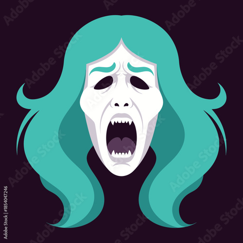 A screaming ghost with flowing teal hair and a white mask.
