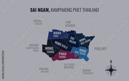 Map showing Sai Ngam District Kamphaeng Phet Thailand divided into sub districts with minimalist colorful patterns