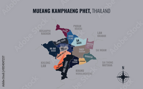 Map showing Mueang Kamphaeng Phet District Kamphaeng Phet Thailand divided into sub districts with minimalist colorful patterns