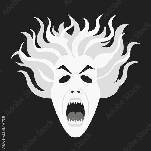 Screaming face with wild hair and sharp teeth, conveying terror or rage.