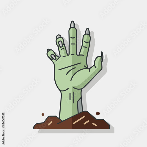 Green zombie hand emerging from the ground with sharp fingernails.