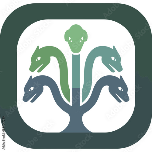 Stylized hydra with five heads and a tree-like body.