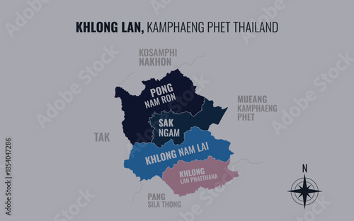 Map showing Khlong Lan District Kamphaeng Phet Thailand divided into sub districts with minimalist colorful patterns