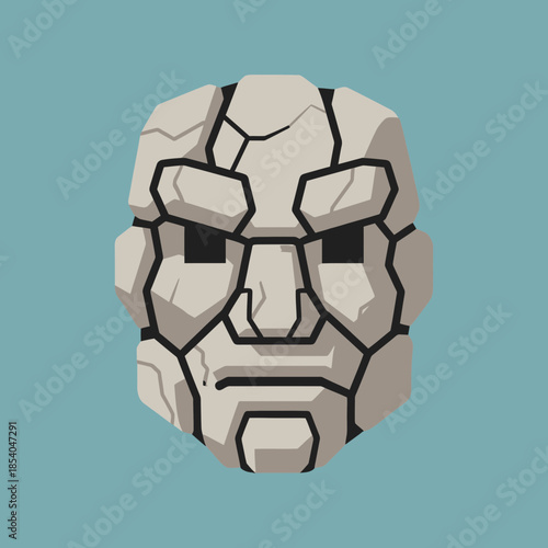 Stone mask with cracked texture and dark features.