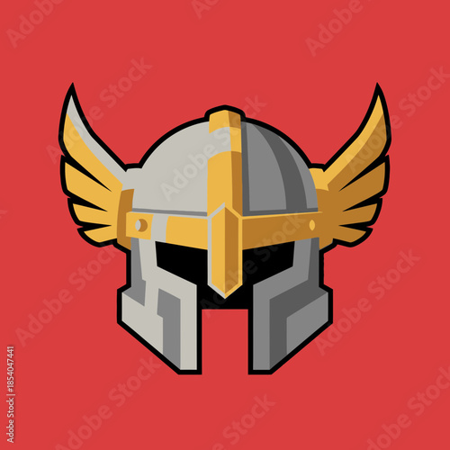 Winged helmet with gold accents and gray metal.