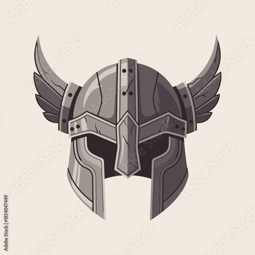 A winged helmet with metal plates and rivets.