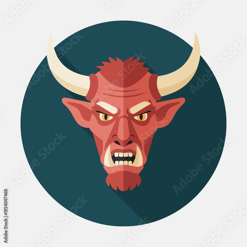 Red demon face with horns and sharp teeth.